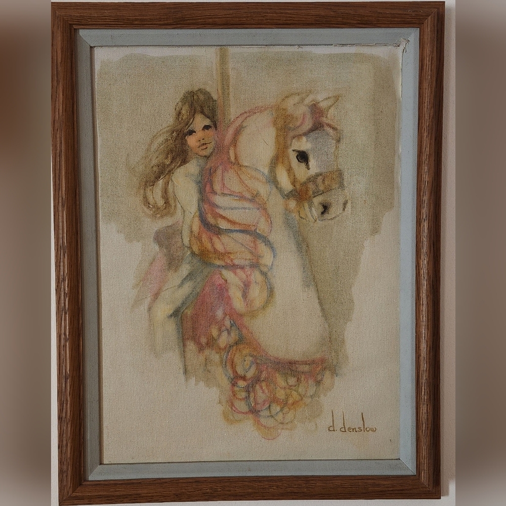 Diana Denslow original painting girl on carousel with Pastel Hues